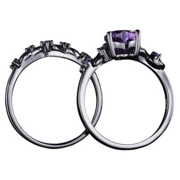 Heart Cut Amethyst & Moissanite 2 piece engagement wedding ring set in rhodium - Picture 7 of 8